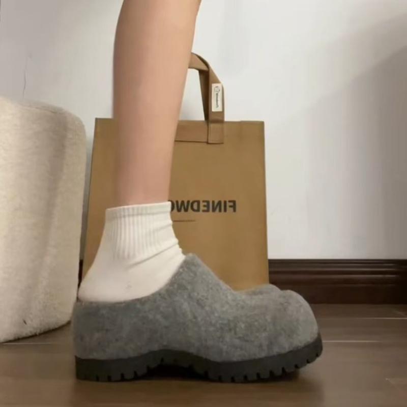 Vintage Thick Sole Women Fleece-lined Mules Slippers Concise Height Increase Dress Shoes Ladies Comfort Cover Toe Slip On Slides