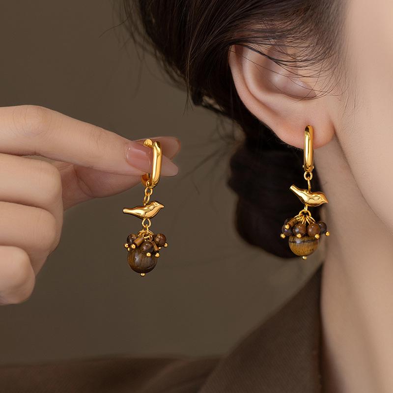 Gold-Plated Tiger Eye Bird Ear Cuffs: Vintage Y2K Style Earrings for Women