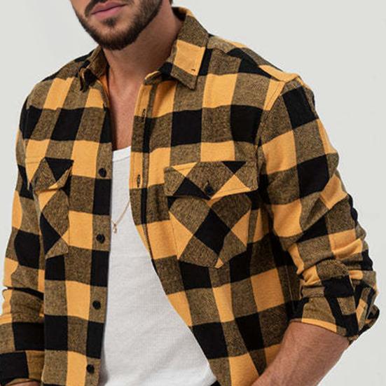 Men Casual Shirt Lapel Long Sleeve Plaid Print Shirt Tops Single Breasted Loose Fit Flap Pockets Shirt Tops