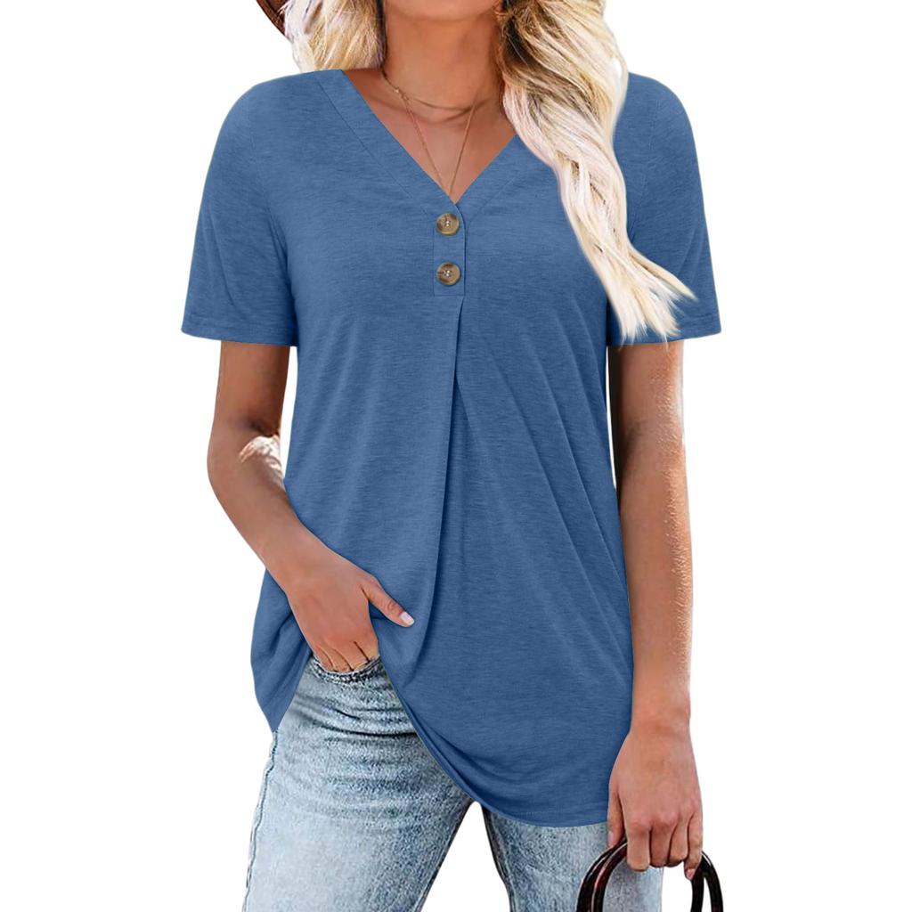 Women's Fashion Casual Short Sleeve Buttoned V-Neck T-Shirt Top