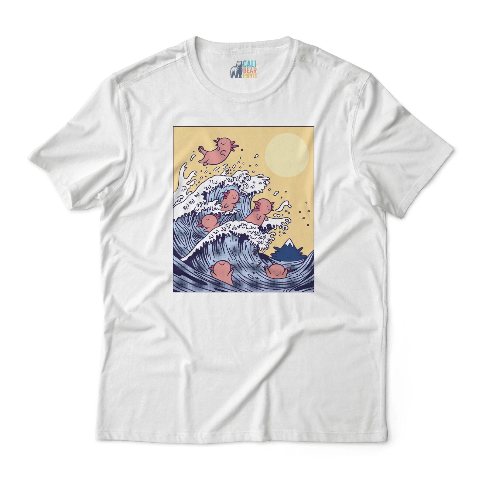Unique Japanese Wave Art with Playful Axolotls Graphic T shirt - Unisex 3XL