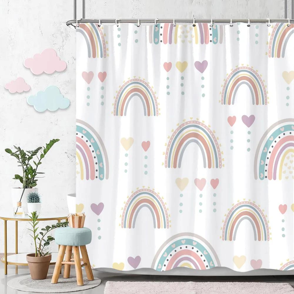 Rainbow Shower Curtain Colourful Cute Bohemian Abstract Print Kids Shower Curtain Polyester Fabric Art Bathroom Decor With Hooks