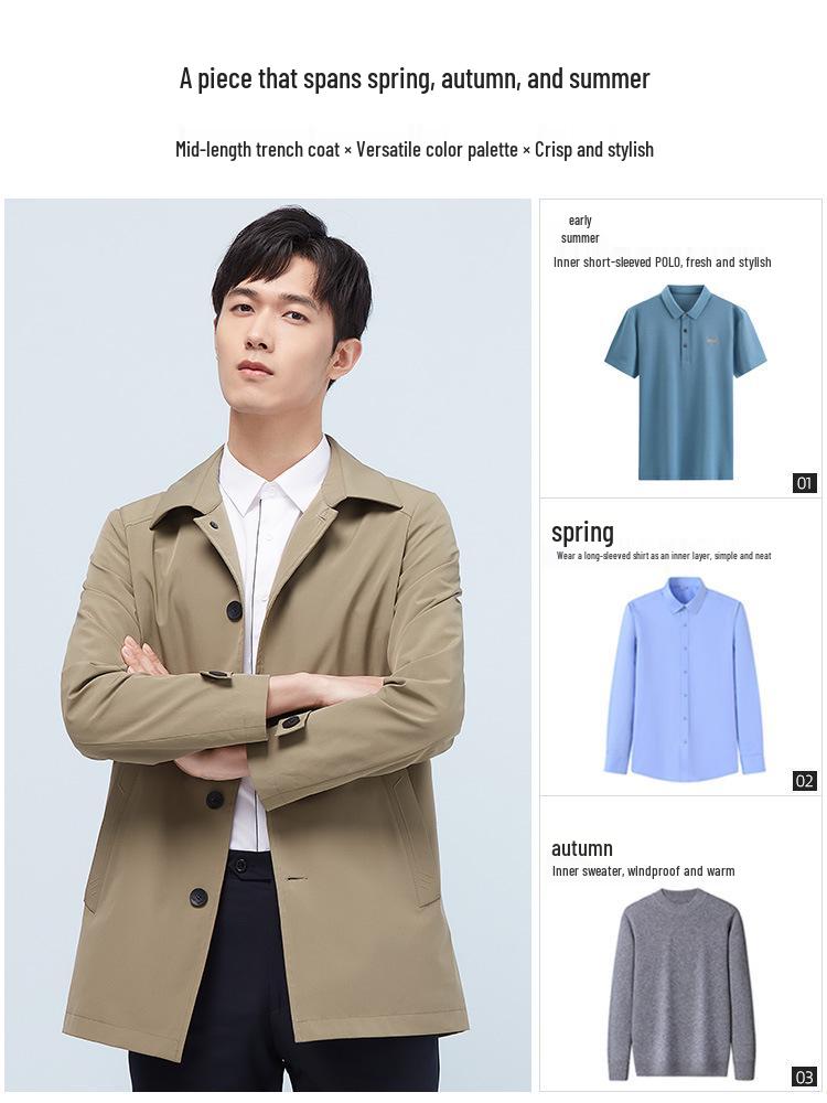 Romon Men's Mid-Length Cadre Style Trench Coat - Slim-Fit Autumn Jacket 2025 Trend
