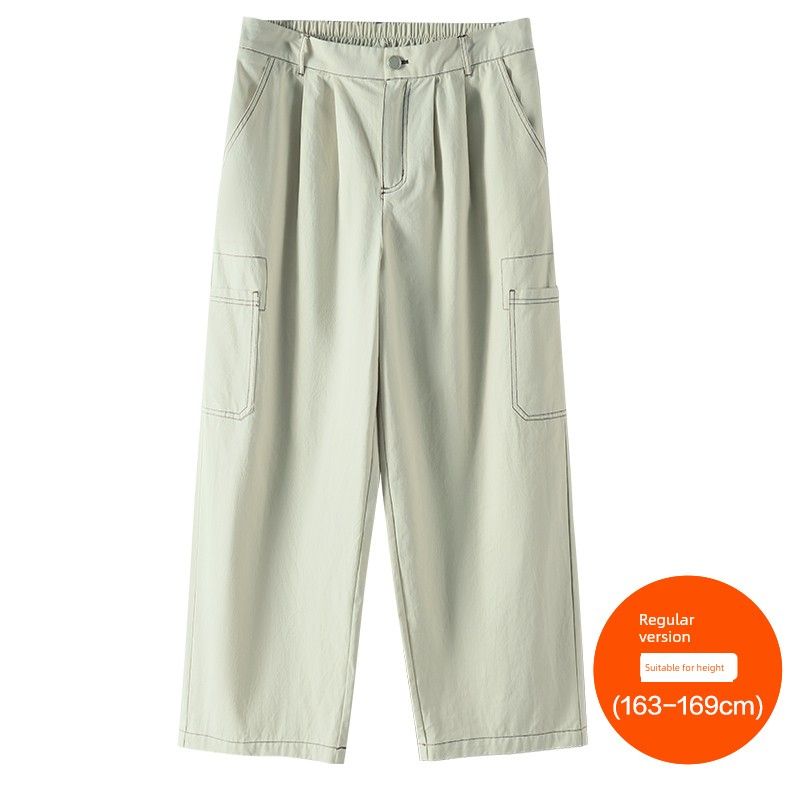 

Plus size women clothing [Loose Wide-Leg Pants] Three Pants Length Open Line Design High Waist Summer Loose Cargo Casual Pants Light apricot Green (163-169cm) 4XL