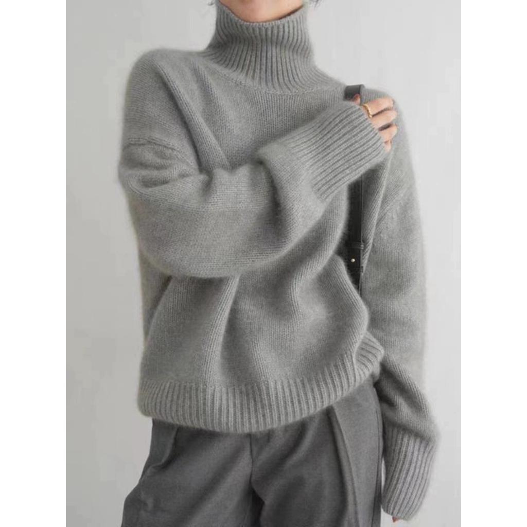 Women's Turtleneck Long Sleeve Knit Top Loose Fit Elegant Casual Sweater Solid Cashmere Blend Pullover