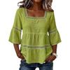 Women Square Neck Lace Trim Bell Sleeve Top Casual Tiered Smocked Solid Color Blouse