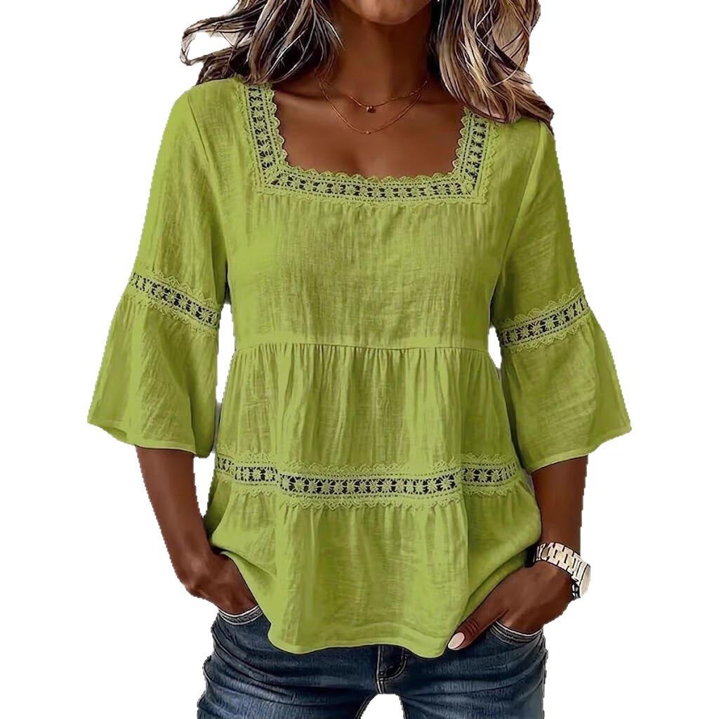 Women Square Neck Lace Trim Bell Sleeve Top Casual Tiered Smocked Solid Color Blouse