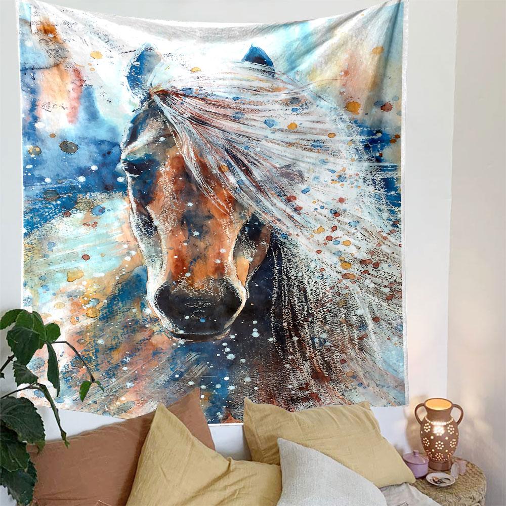 White Horse Watercolor Tapestry Wall Hanging, Elegant Equine Art, Boho Farmhouse Wall Decor for Bedroom Living Room