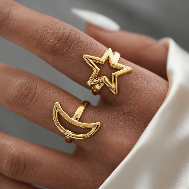 Minimalist Star Moon Open Ring Set for Women Exquisite Vintage Line Curved Moon Finger Ring Casual Versatile Couple Jewelry Gift