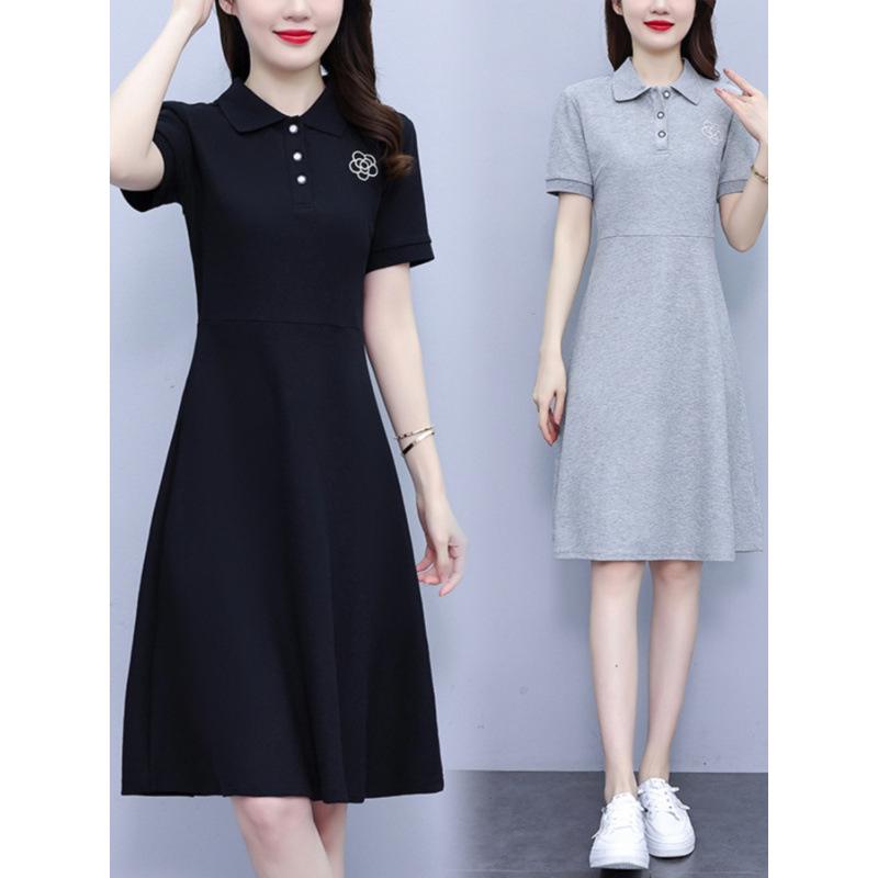 Women's Summer Embroidered Black Polo Collar A-Line Dress - Slimming & Fashionable Casual Sporty Style