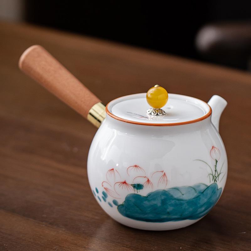 Hand-painted Mutton Fat Jade White Porcelain Teapot Single Pot Hand with Handle Side Handle Teapot Xishi Pot Kung Fu Tea Set Tea
