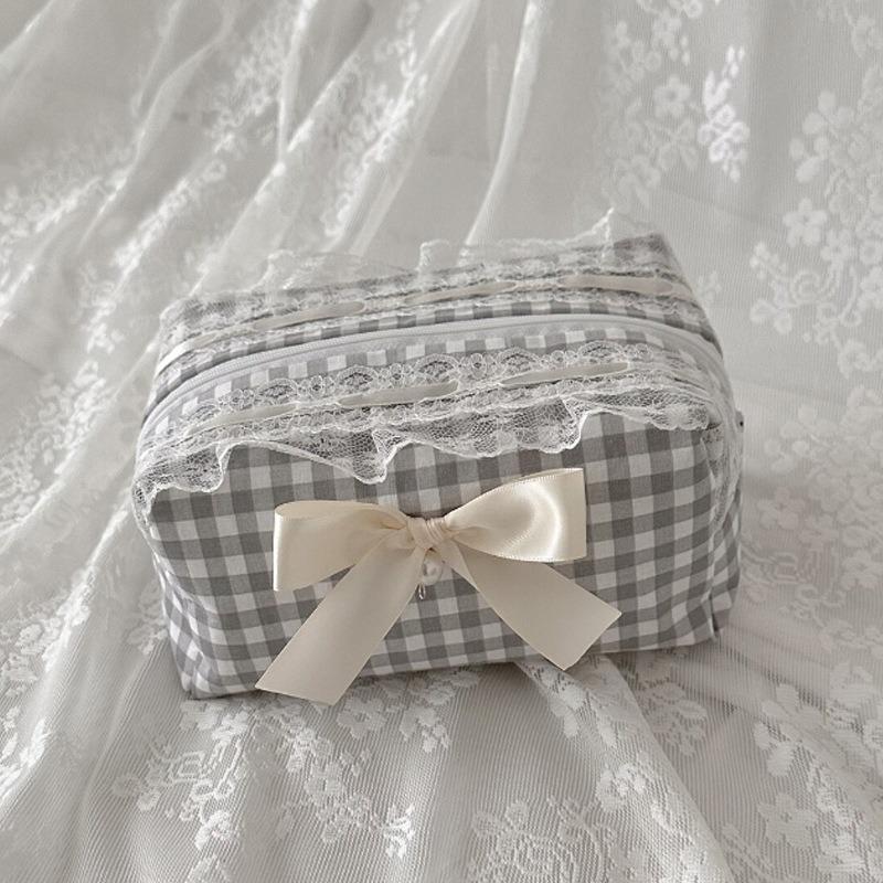 Lace Trim Makeup Bag with Bow & Pearl - Skincare, Menstrual Pad, & Toiletry Organizer