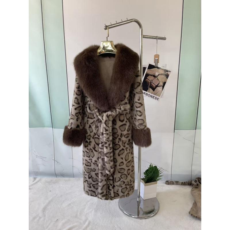 Winter Leopard Print Imitation Mink Jacket Temperament Winter Fashion Extended Shawl Fur Collar Coat Women