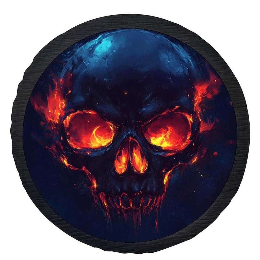 One Piece Of A Stylish Tire Cover Featuring A Fiery Skull Design, A Universal Fit For Wheel Protection, Compatible With Most Veh