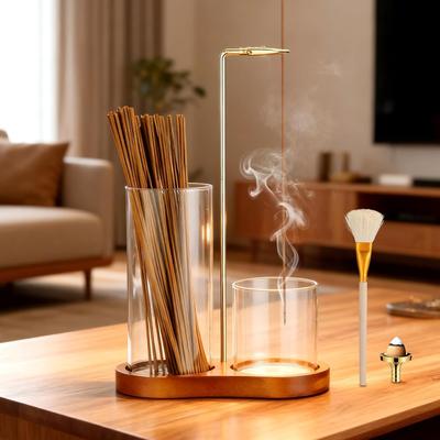 Incense Holder, Incense Burner, 3-in-1, Spill-proof, Stylish, Cute, Hanging, Brass, Glass, Simple, for Buddhist Altar, Study, Meditation, Entryway (in