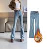 Women's High Waist Fleece-Lined Grey Flare Jeans - Autumn/Winter Slimming Design