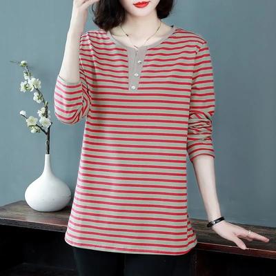 Women Korean Fashion Striped Print Patchwork Long Sleeve T-shirt Autumn Casual V Neck Loose Comfortable Basic Tops Female