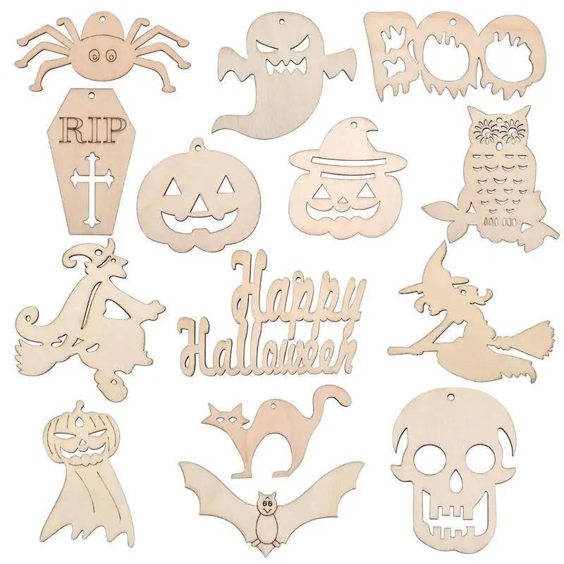 6Pcs Halloween Wooden Crafts Spider Pumpkin Ornament For Halloween Home Party Hanging Decorations Kids DIY Painting Gifts