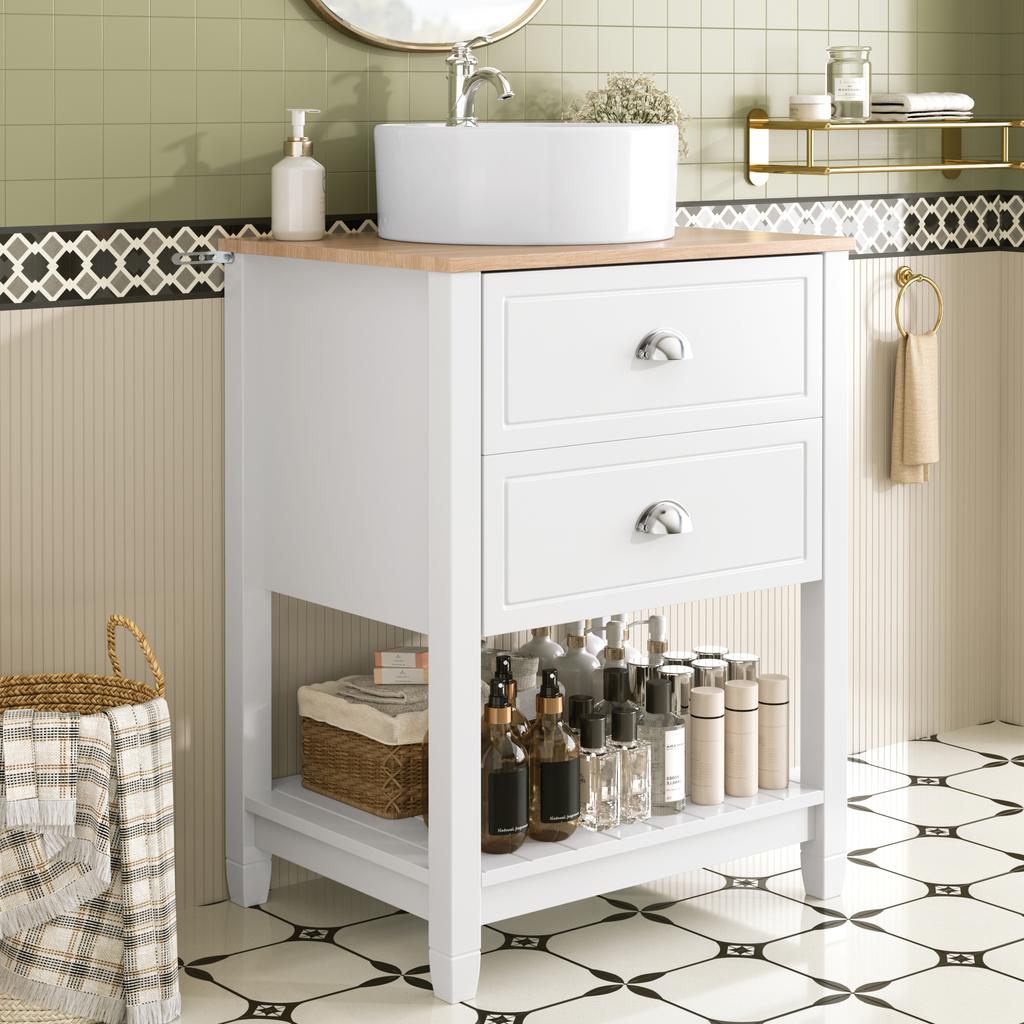 Mobile da Bagno con Lavabo Rotondo in Ceramica – Lavabo Singolo con 2 Cassetti e Vano a Giorno – Autoportante, in Bianco e Effetto Legno