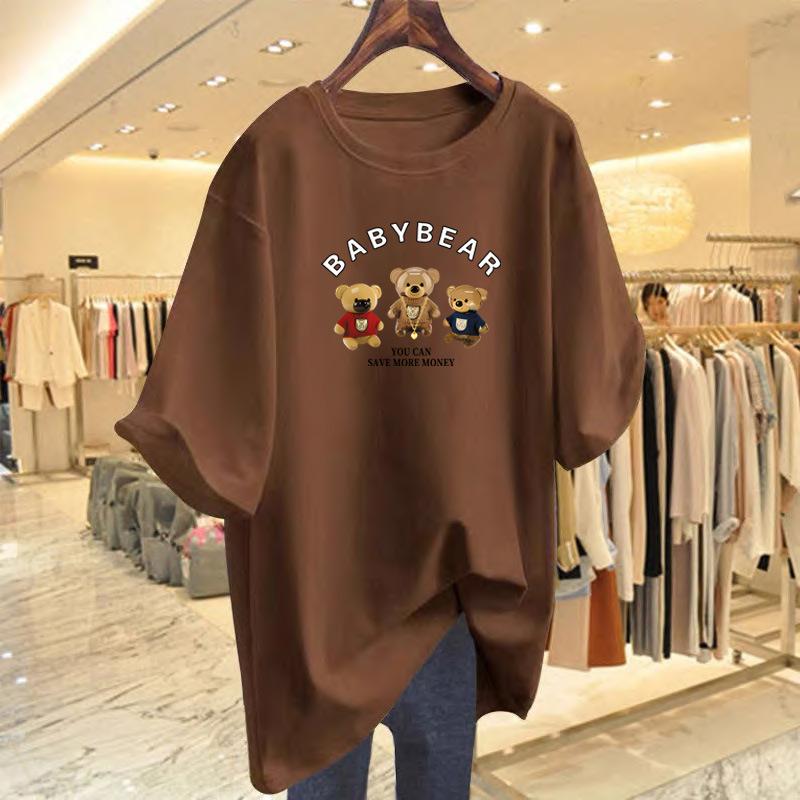 

White medium and long bear print cotton t-shirt loose short-sleeved t-shirt women s summer new XXXL