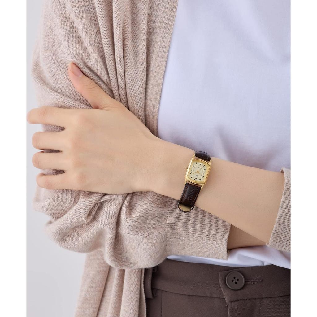 Citizen Q&Q Women's Waterproof Watch Brown Leather Band Stylish Lightweight Analog Square Gold QA69-103