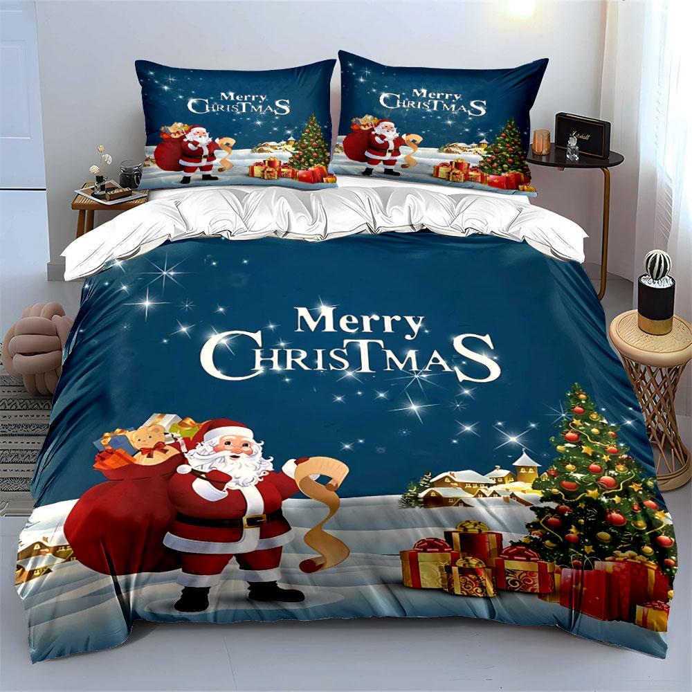 Santa with Gifts Christmas Set Bedding Duvet Cover Set Duvet Cover Pillowcases (1*Duvet Cover 2*Pillowcases, Without Duvet Insert)