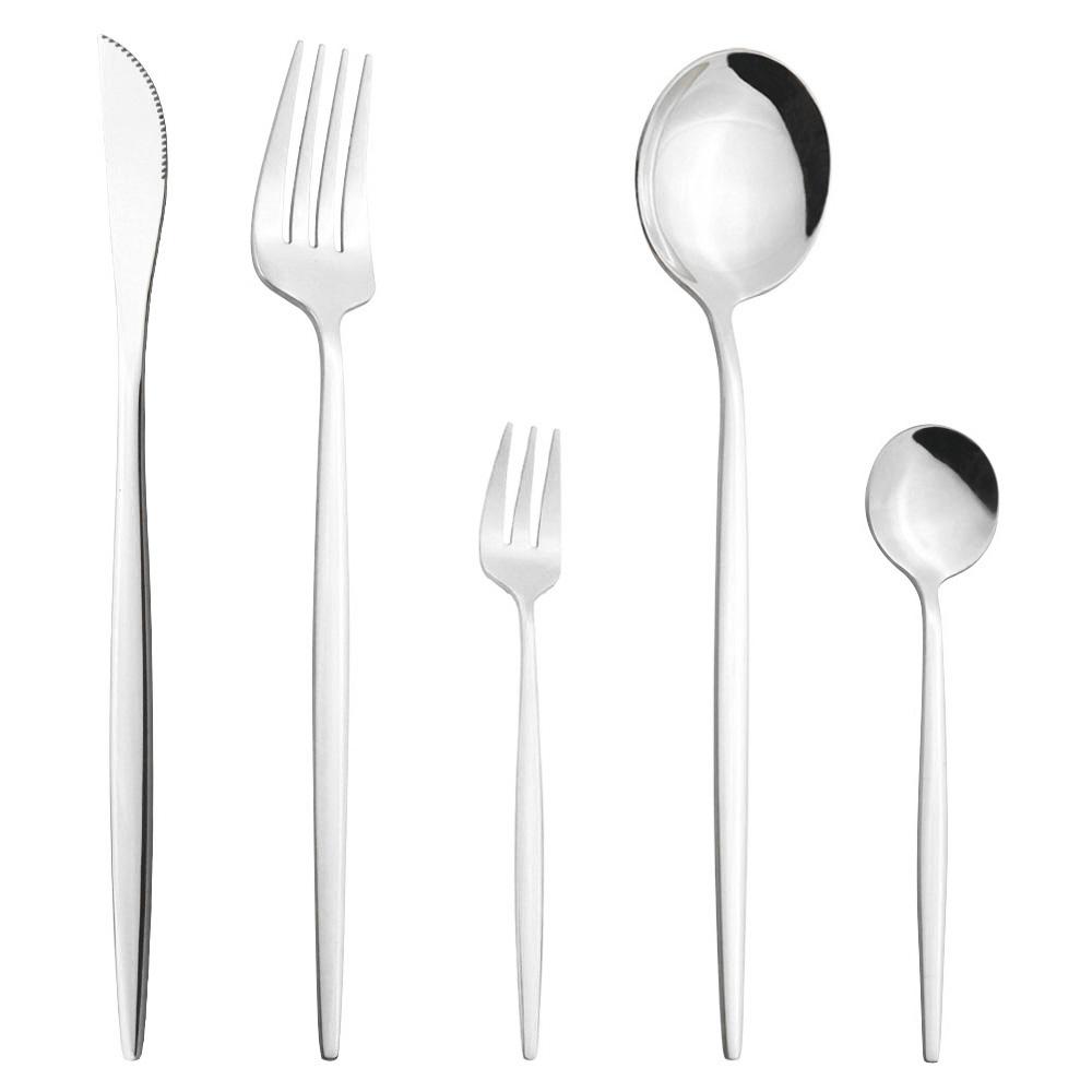 

5 шт., набор столовых приборов из белого золота, нож, десертная вилка, кофейная ложка, посуда, столовые приборы из нержавеющей стали, набор столовых приборов серебряный