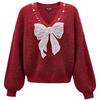 Women's Loose Fit V-Neck Wool Blend Knit Sweater with Bow-Knot & Sequins