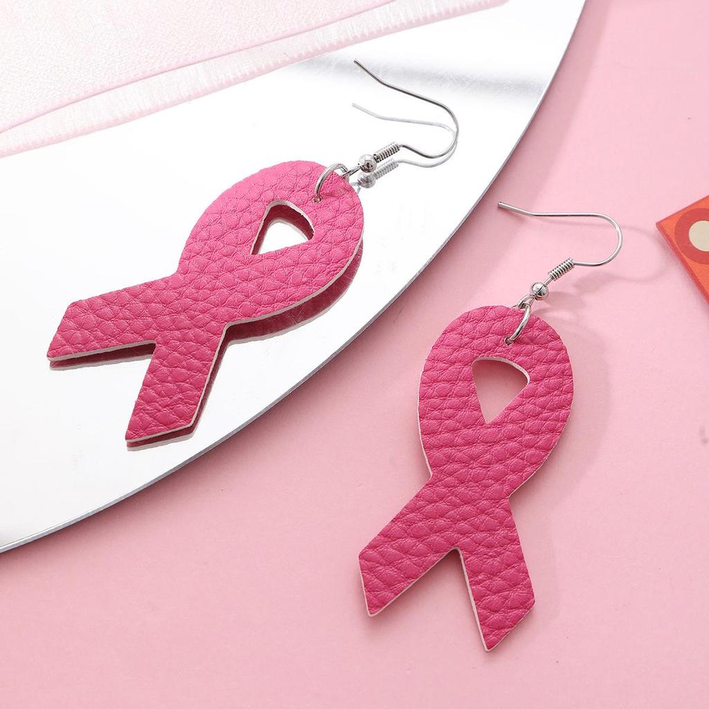 Women's Pink Ribbon PU Leather Earrings for Breast Cancer Awareness
