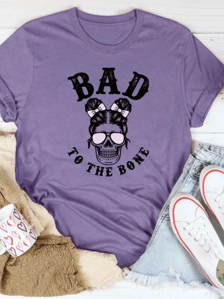 BAD TO THE BONE Skull Head Print Women T Shirt Short Sleeve O Neck Loose Women Tshirt Ladies Tee Shirt Tops Camisetas Mujer
