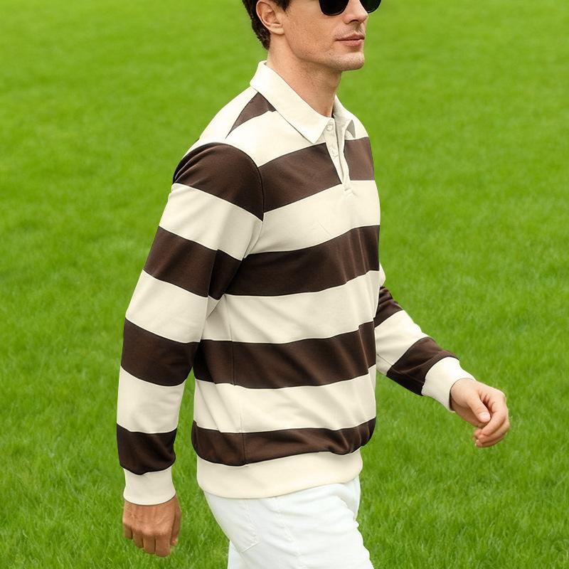 Neues Herren Langarm-Poloshirt: Lockerer Schnitt, Leichtgewicht, Lässiges Streifen-T-Shirt im reifen Stil