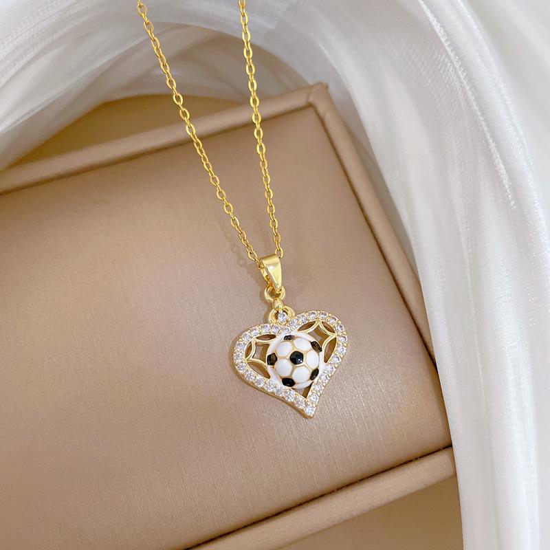 Sporty Creative Zircon Love Heart Soccer Pendant Necklace for Women Girls Stainless Steel Chain Jewelry Accessory Gifts