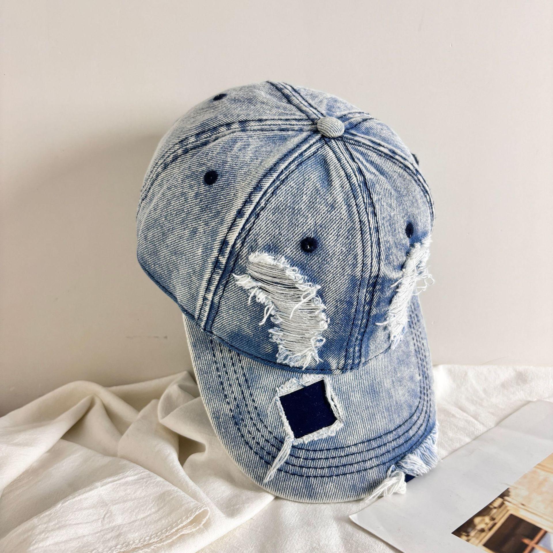 

Мужская и женская кепка для пар, защищающая от затенения, модная шляпа, высококачественная модная мужская ретро-кепка из потертого денима с дырками M（56-58cm） светло-синий