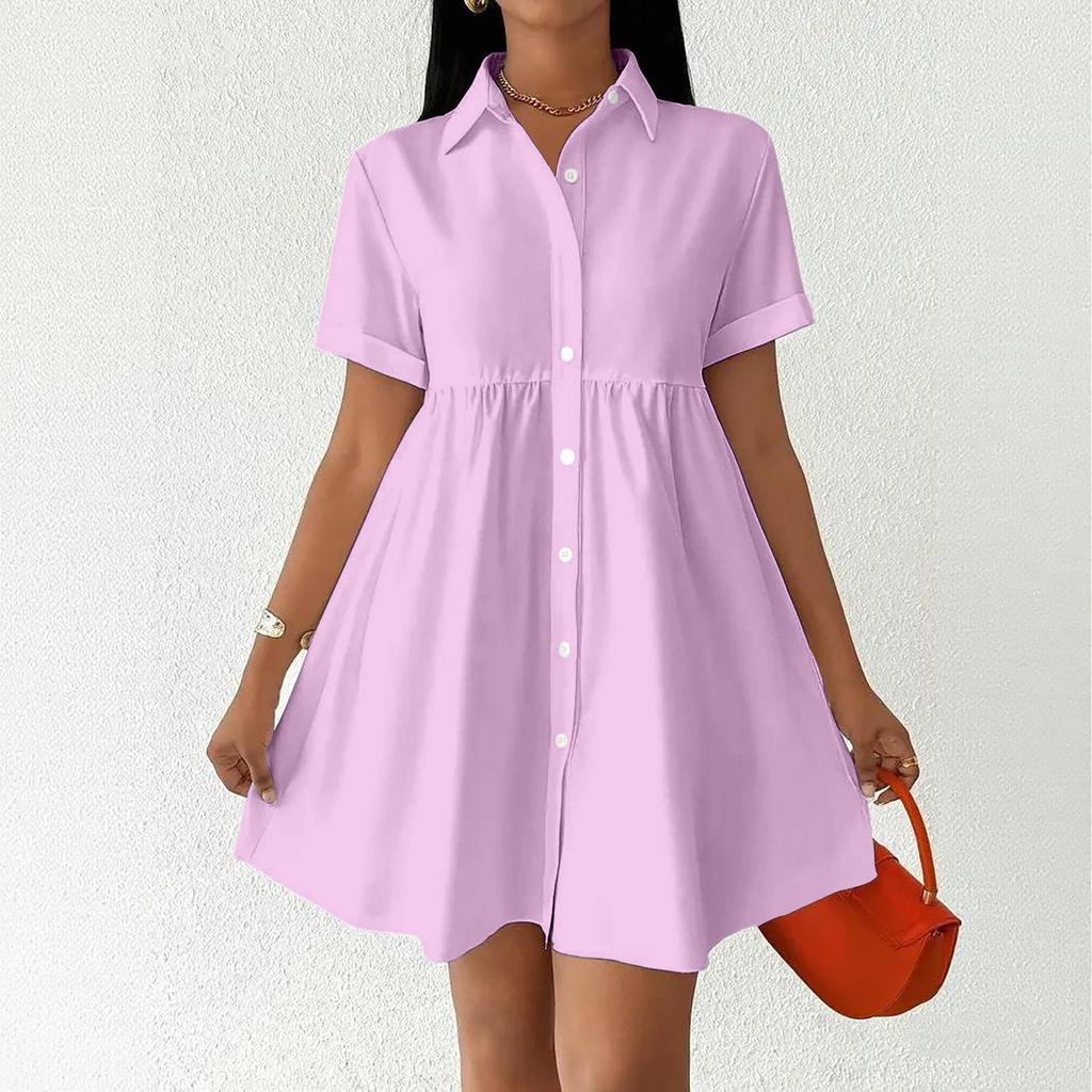 Women Short Sleeve Shirt Dress Button Down Collared Loose Fit Casual Mini Dress with Pockets Summer Style