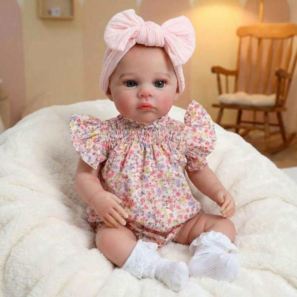 18 Inch Adorable Open Eyes Simulation Doll Meadow Wear Floral Romper Cloth Body Silicone Full Body Optional Reborn Dolls for Child Birthday Xmas Gifts
