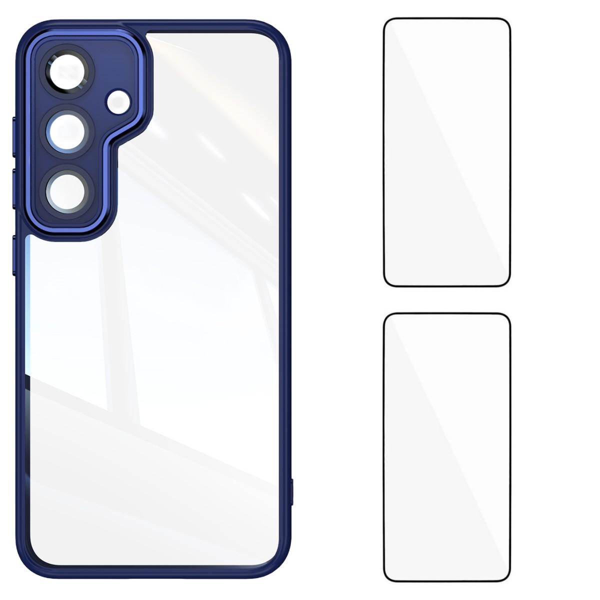 

For Samsung Galaxy S24 TPU Case WANLONFENG Drop-proof Clear Phone Cover with 2Pcs Tempered Glass Film Blue