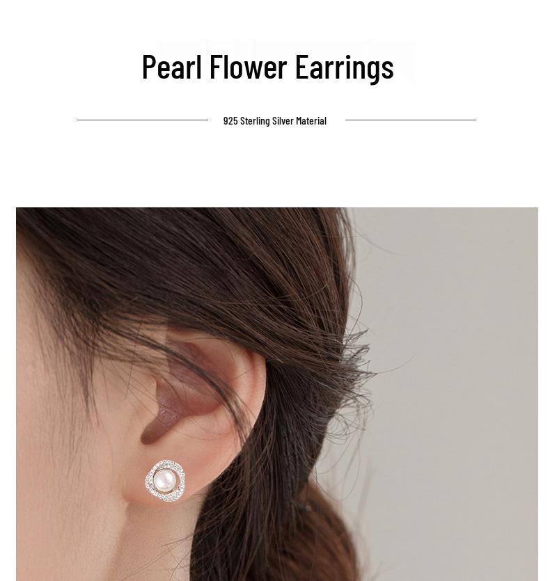 S925 Sterling Silver Diamond-Inlaid Rose Pearl Stud Earrings - Women’s Japanese Korean Niche Luxury, Comfortable for Sleeping with Pierced Ears
