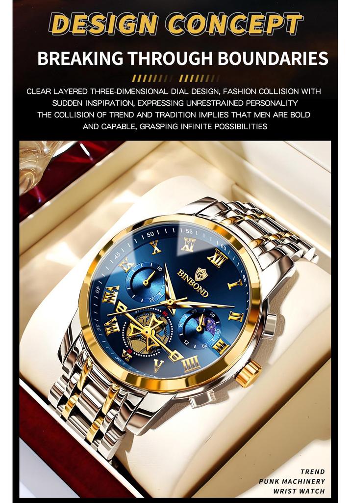 Binbang Luminous Skeleton Waterproof Quartz Men's Watch