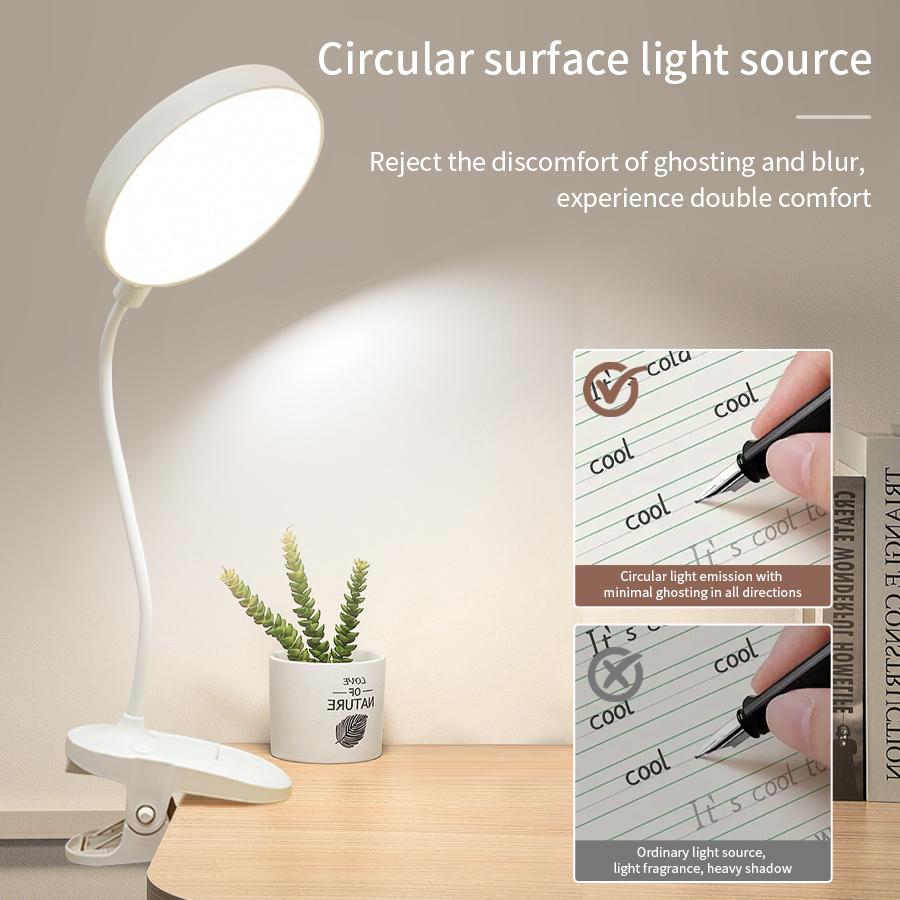 360° Rotating Rechargeable Reading Lamp Portable Clip Bedside Lamp Three Levels of Adjustable Soft Light for Eye Protection