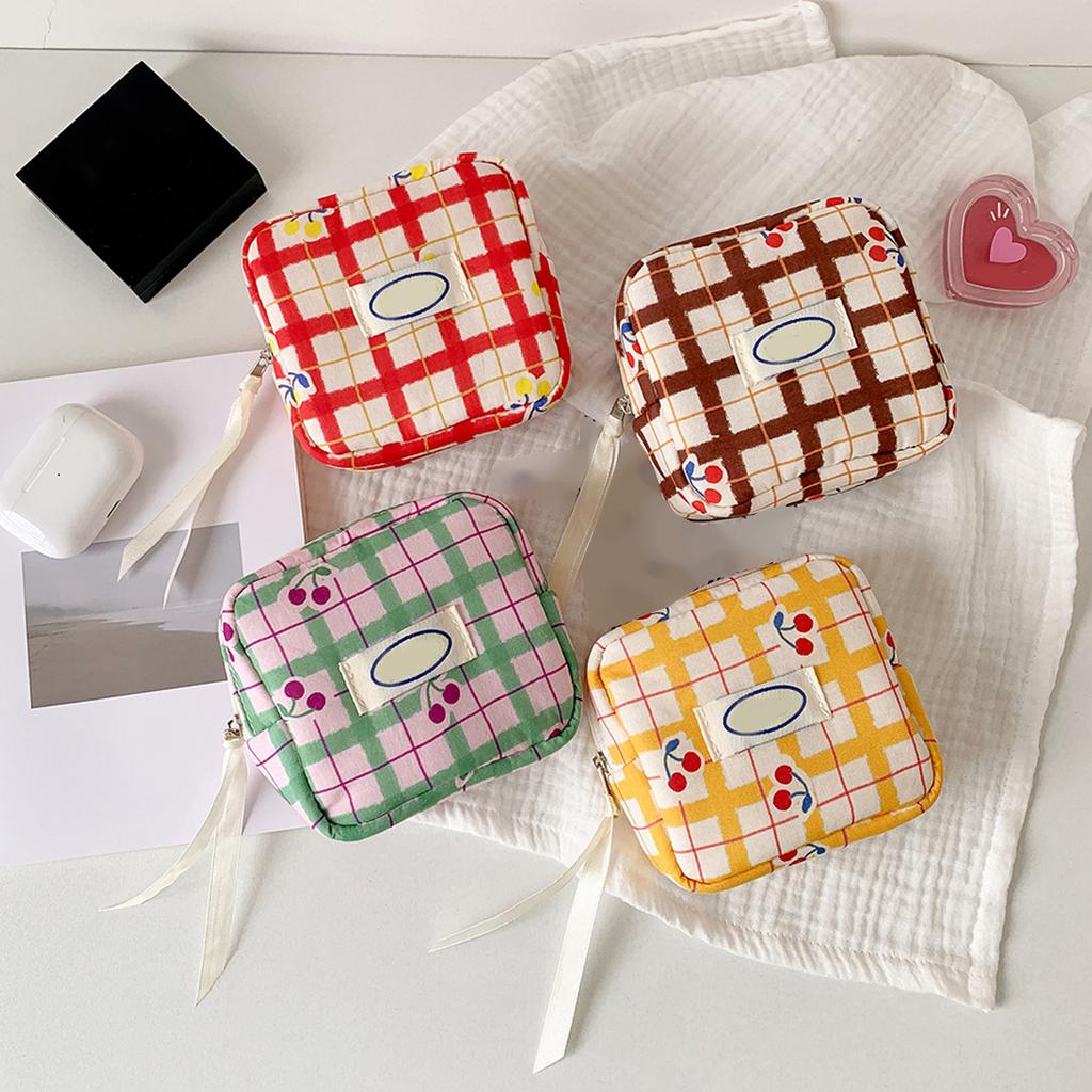 Cute Checkered Cosmetic Bag With Fruit Pattern Compact Size Interior Dividers Portable Makeup Organizer for Women