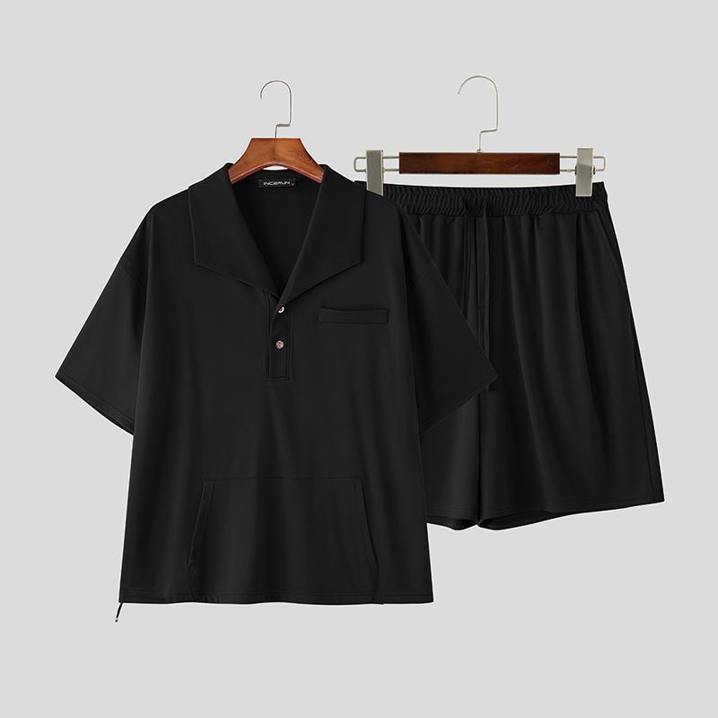 INCERUN Two Piece Suit Men Lapel Neck Short Sleeve T-Shirts Shorts Casual Sports Outfits Sets