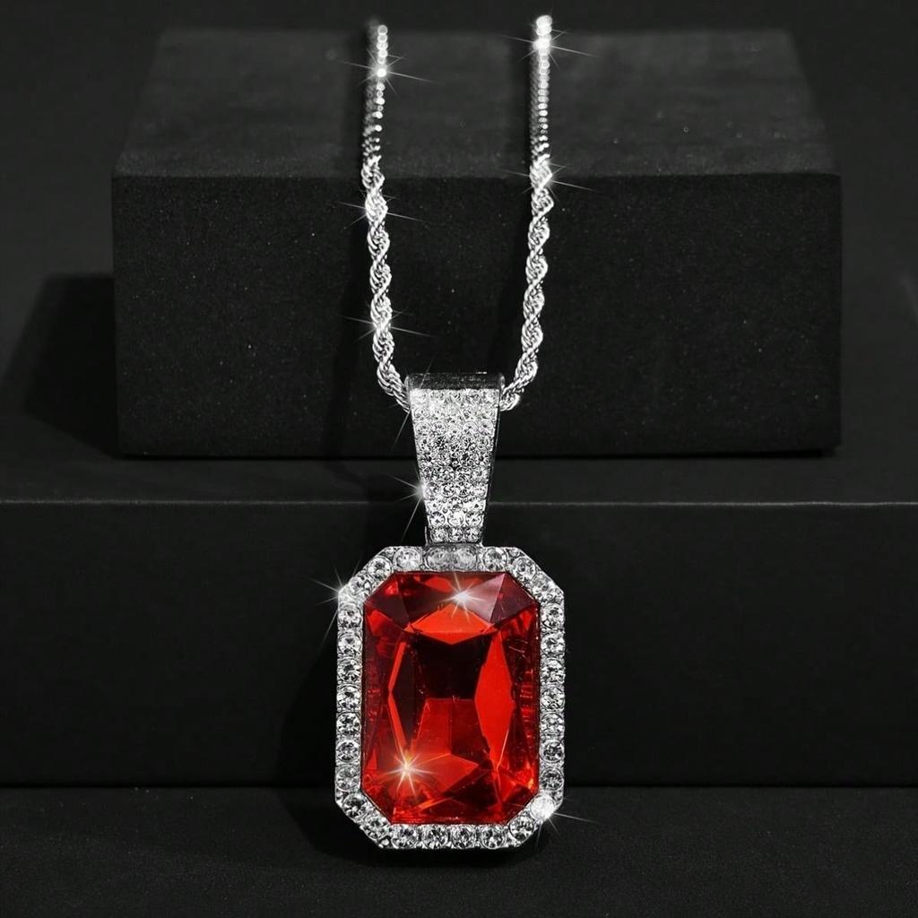 Fashion Red Rhinestone Pendant Necklace For Men with Zircon Cuban Chain Iced Out Bling Hiphop Necklaces Rock Biker  Gifts