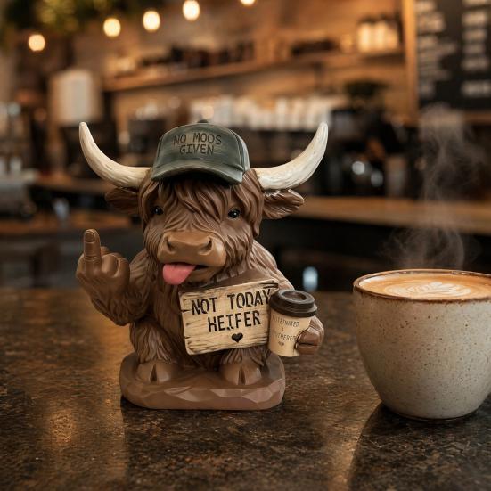 Highland Cow Desk Statue, Funny Middle Finger Cow Figurine with Coffee Cup & Sassy Sign, Cute Farmhouse Desktop Decor, Gag Gift for Coworkers, Office