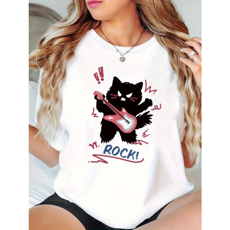 Ladies' Rock Cat Guitar Pattern T-shirt Comfortable and Breathable Daily Top Pure Cotton Harajuku Short Sleeve Casual Clothing