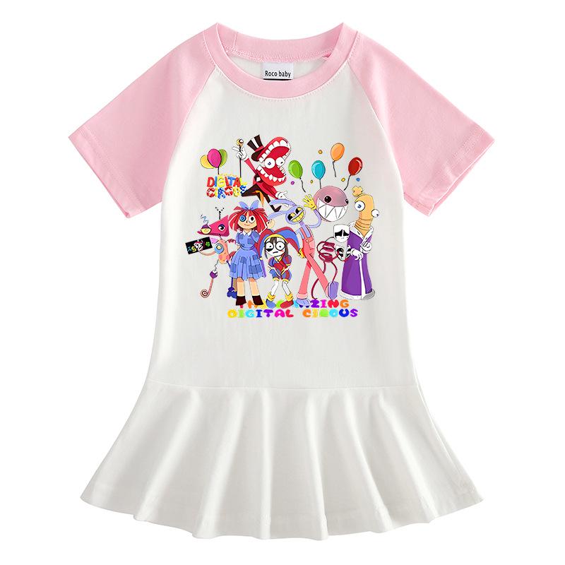 2026 Korean Style Kids' Cartoon Dress: Color Block Pleated Skirt with Short Sleeves for Girls
