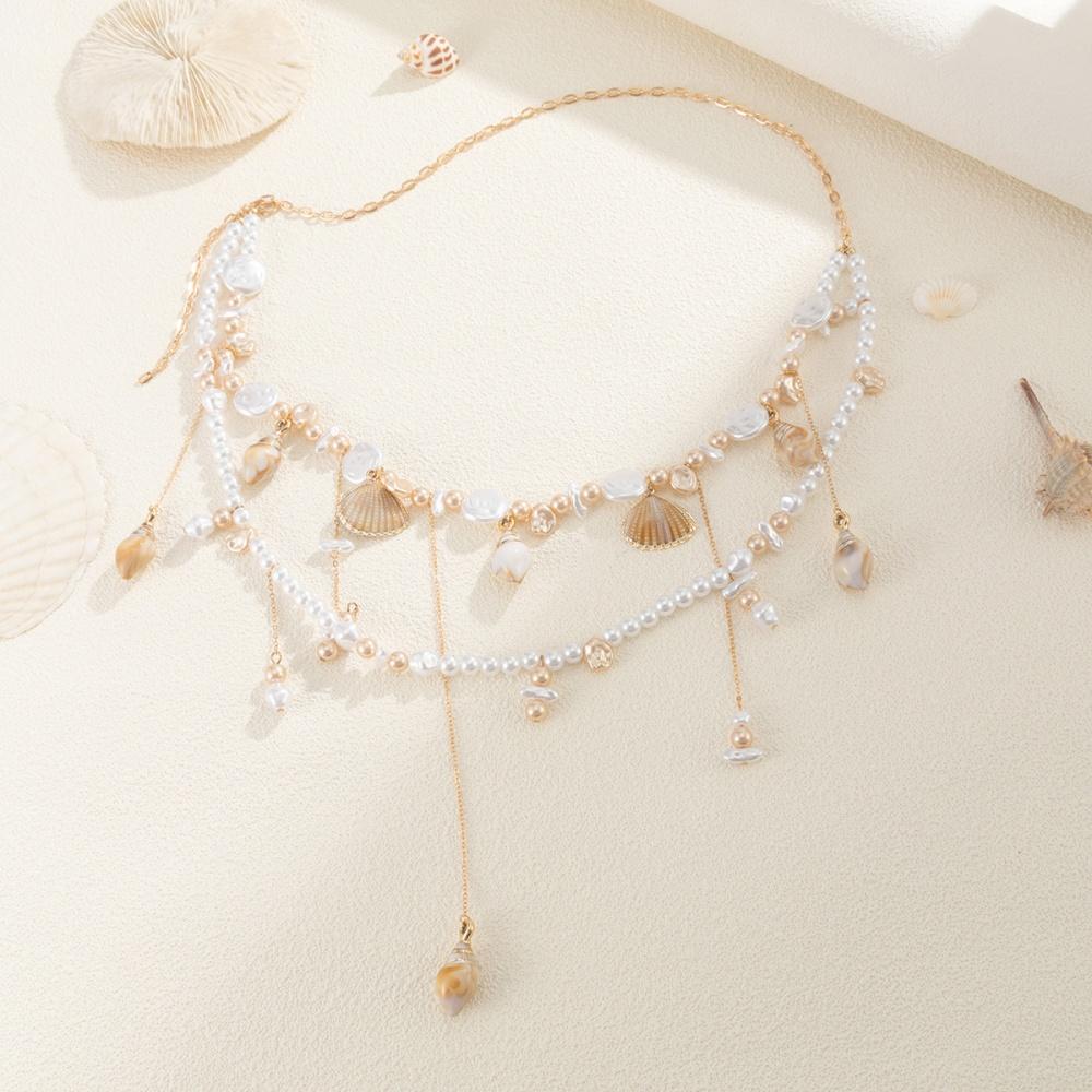 New Geometry Simulated-pearl Shell Conch Tassel Double layer Beaded Waist Chain Unique Trend Luxury Fashion Versatile Jewelry