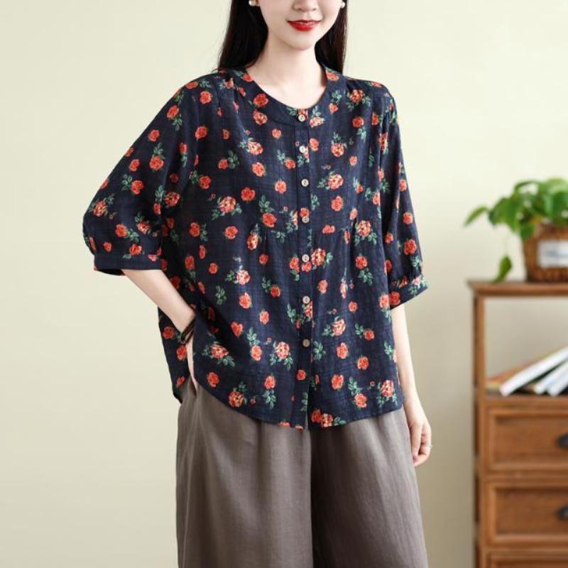 Korean Version Mid Sleeve Shirt Women's Shirt Women's Loose Five Quarter Sleeve Top Women's Summer Cotton and Linen Shirt Top