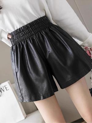 Women's 2023 Autumn/Winter PU Leather A-Line Shorts, High Waist, Loose Fit, Casual Slim Boot Style