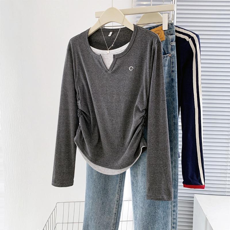 

Dark gray design pleated and thin front shoulder crew neck fake two long-sleeved T-shirt women s autumn spice girl inner top XL темно-сірий