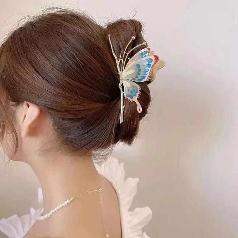 Women Fashion Vintage Painted Butterfly Hair Claws Luxury Hair Clips for Girl Crab Large Size Barrette Headwear Hair Accessories